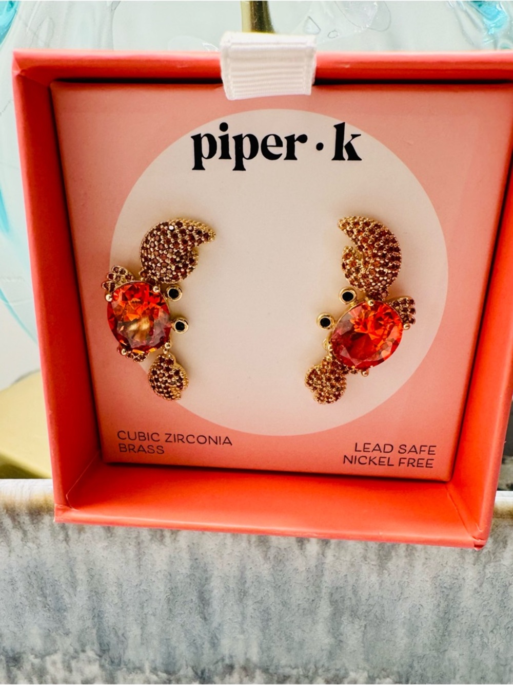 NWT Piper.K Gold Crab Earrings with Bright Orange Gems - Picture 3 of 9